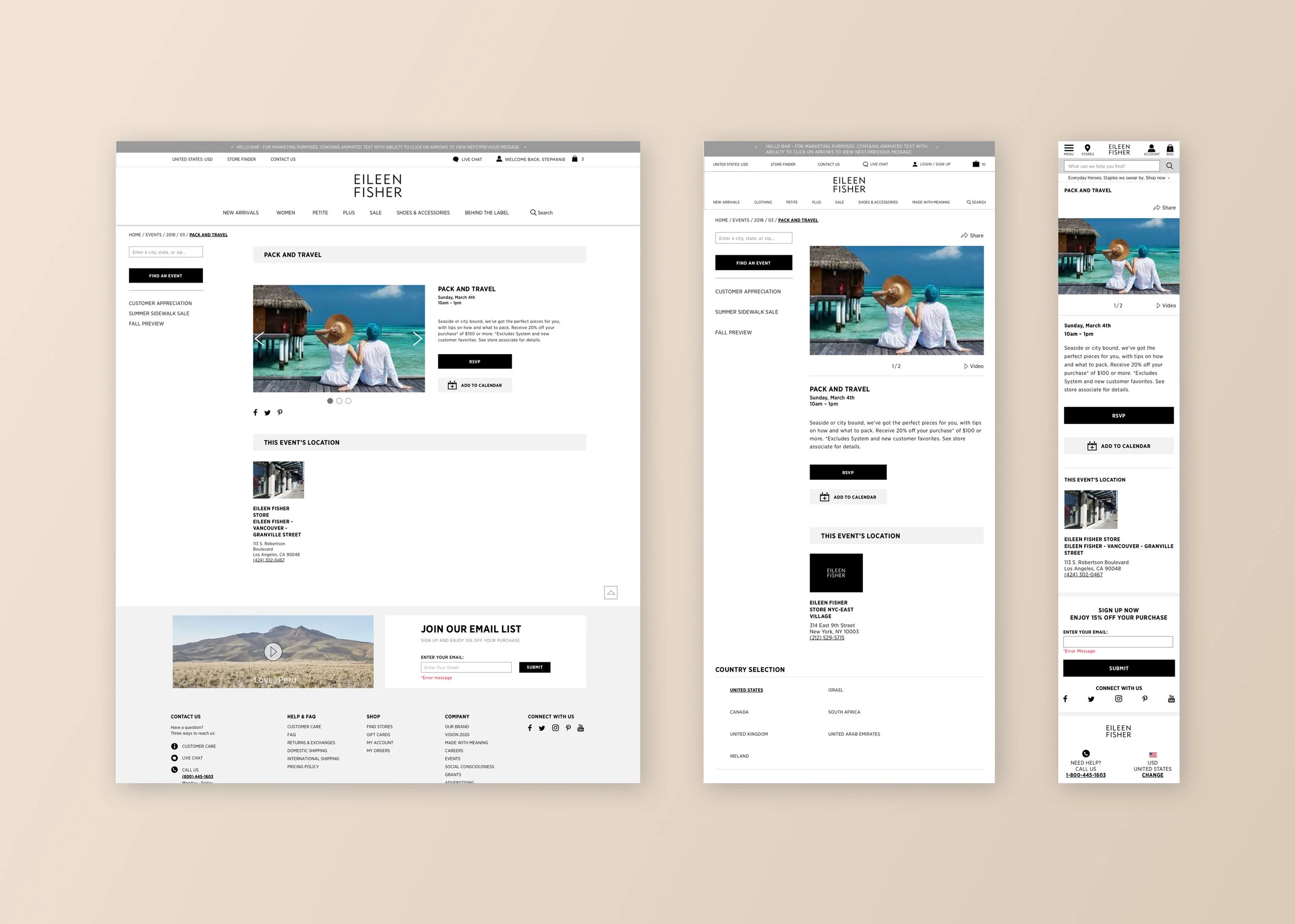 Event Details Page for desktop, tablet, and mobile featuring social share buttons