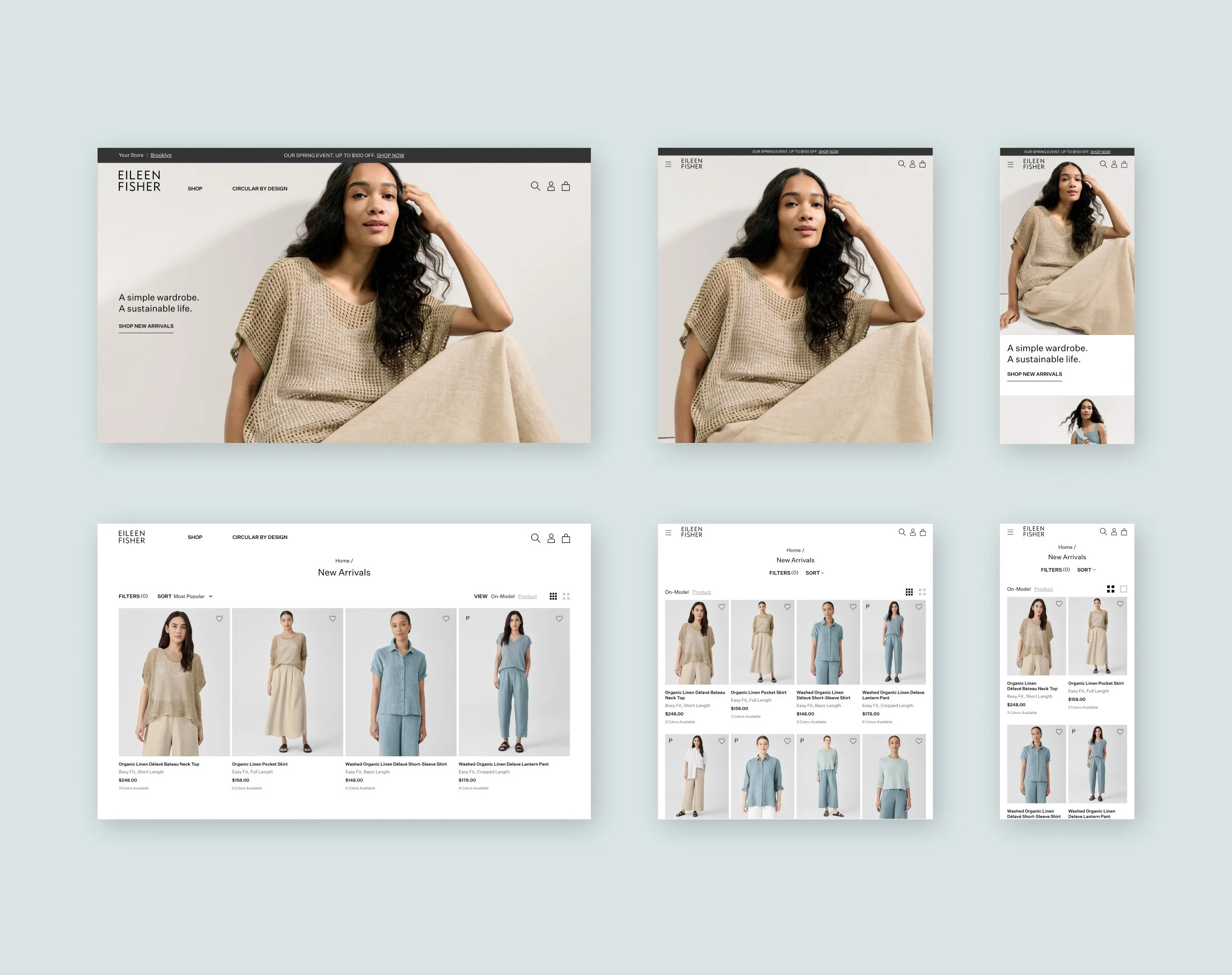 Homepage and Product Listing Page for desktop, tablet, and mobile