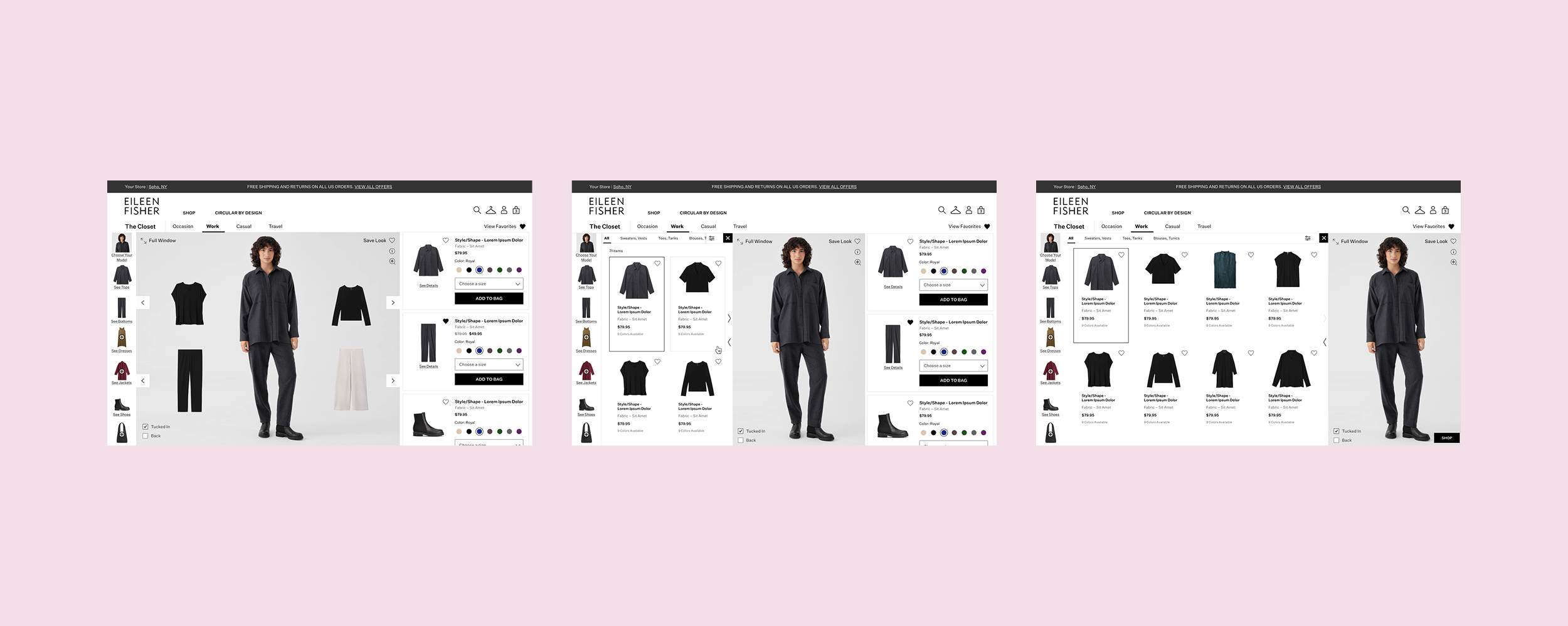 Three desktop views of The Closet: the default outfit view, the item picker, and the expanded product grid