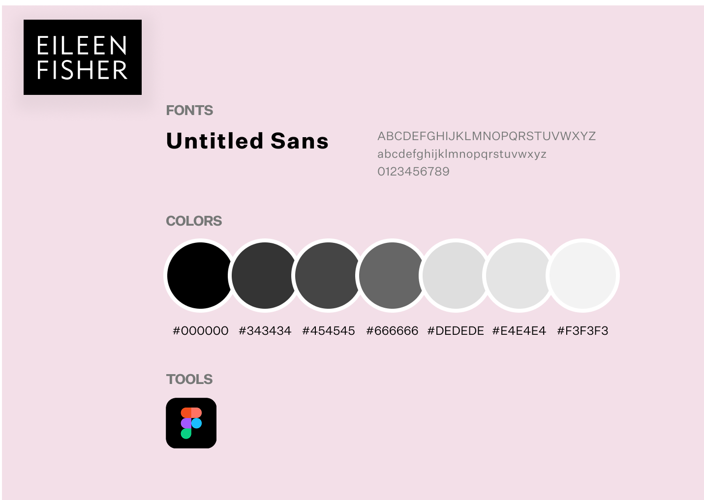 Project spec card — EILEEN FISHER branding, the Untitled Sans typeface, the grayscale color palette, and Figma