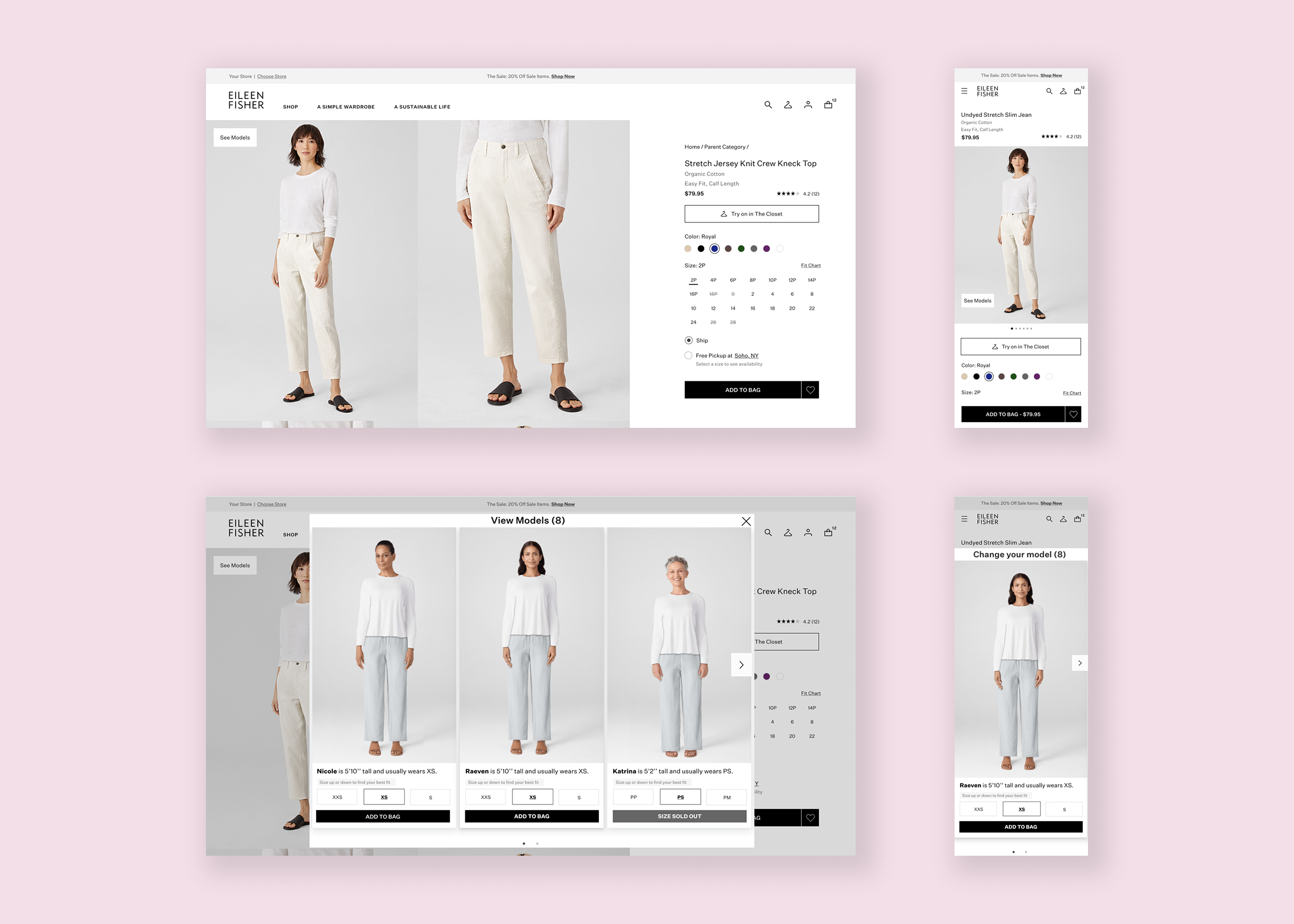 Product detail page entry points and the View Models modal, shown on desktop and mobile